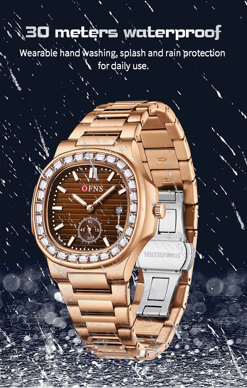 Elegant vierkant dameshorloge met kristallen, datumweergave, lichtgevende wijzers en roestvrijstalen band. Dameshorloge met quartzhorloge en kalender._voghion.com