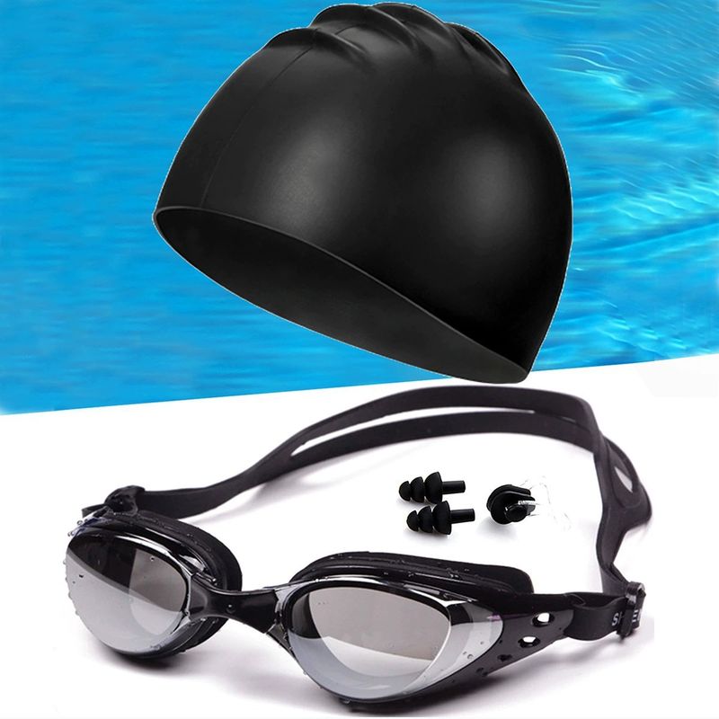 Occhialini da nuoto antiappannamento galvanizzati + cuffia da nuoto in silicone + tappi per le orecchie con clip nasale in silicone, set da cinque pezzi_voghion.com