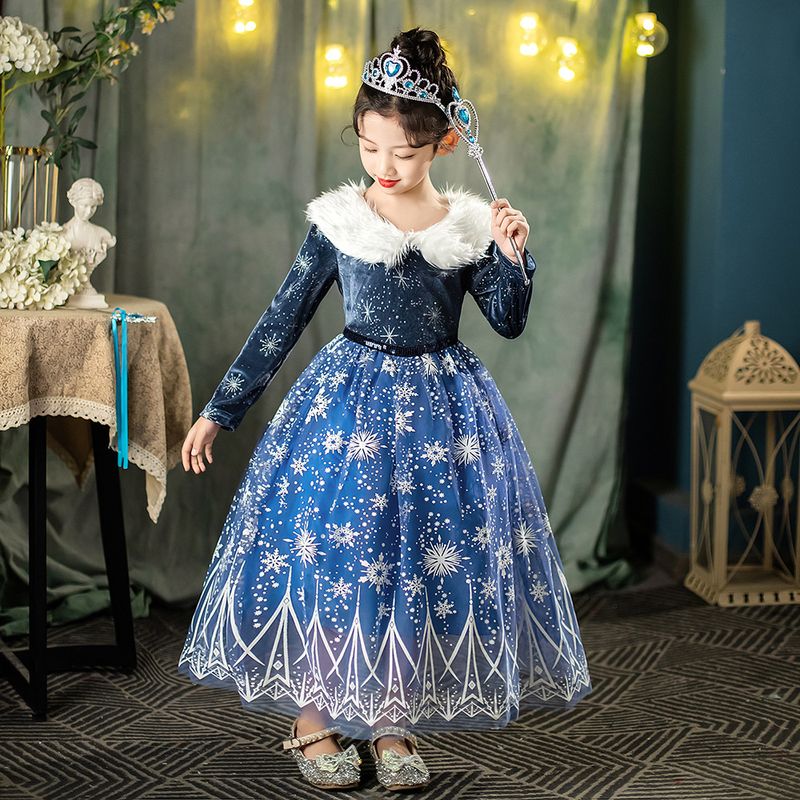 Kinderkleidung 2024 Winter Prinzessin Kleid Weihnachtsgeschenk Mädchen Pelzkragen Prinzessin Kleid Frozen_voghion.com