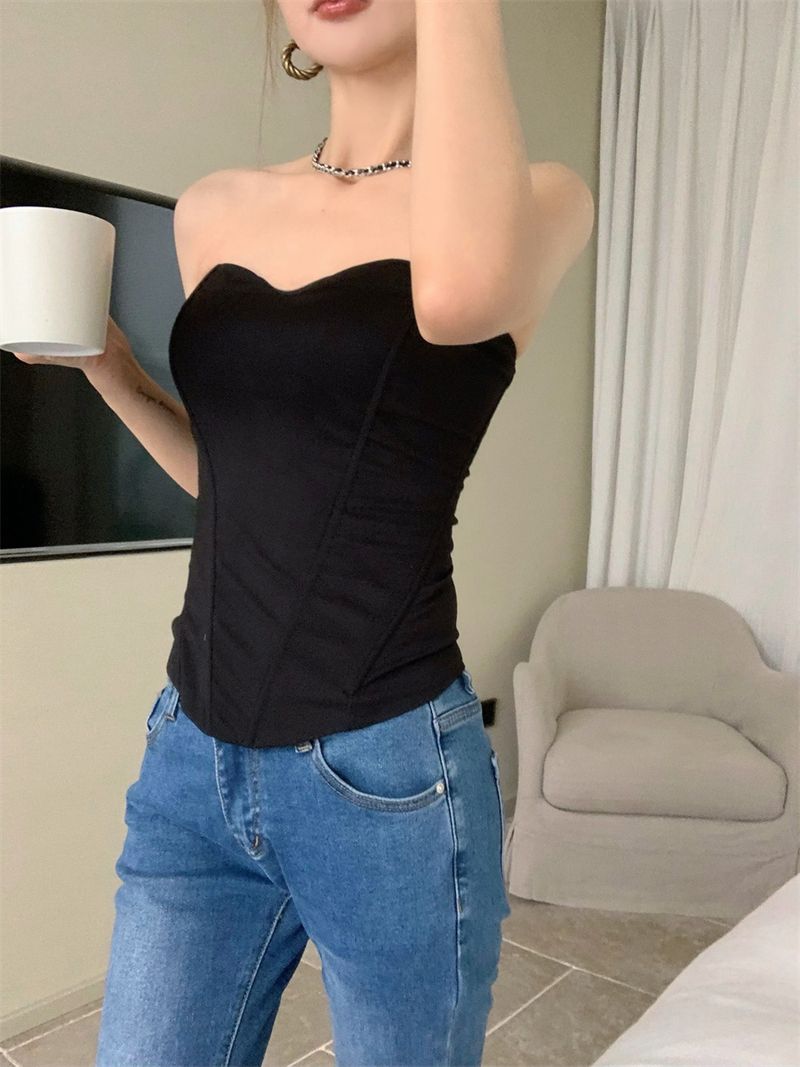 Würzige sexy Fischgrätenweste für Damen, Sommer, schwarz, elegant, trägerlos, kurzes Top für Innen- und Außenbekleidung_voghion.com