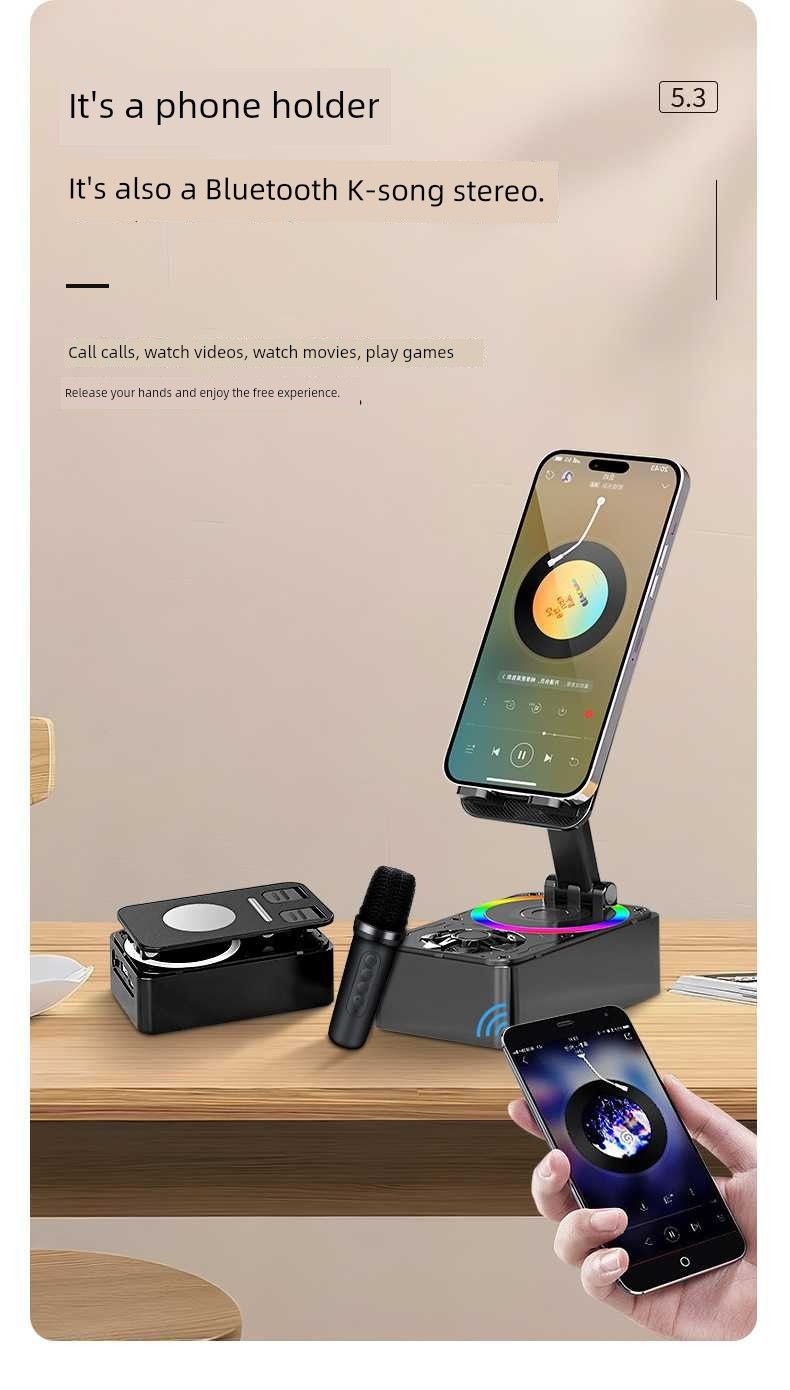 Wielofunkcyjny uchwyt na telefon komórkowy typu cztery w jednym, głośnik Bluetooth, mikrofon karaoke, obrotowy, składany, trzyczęściowy_voghion.com