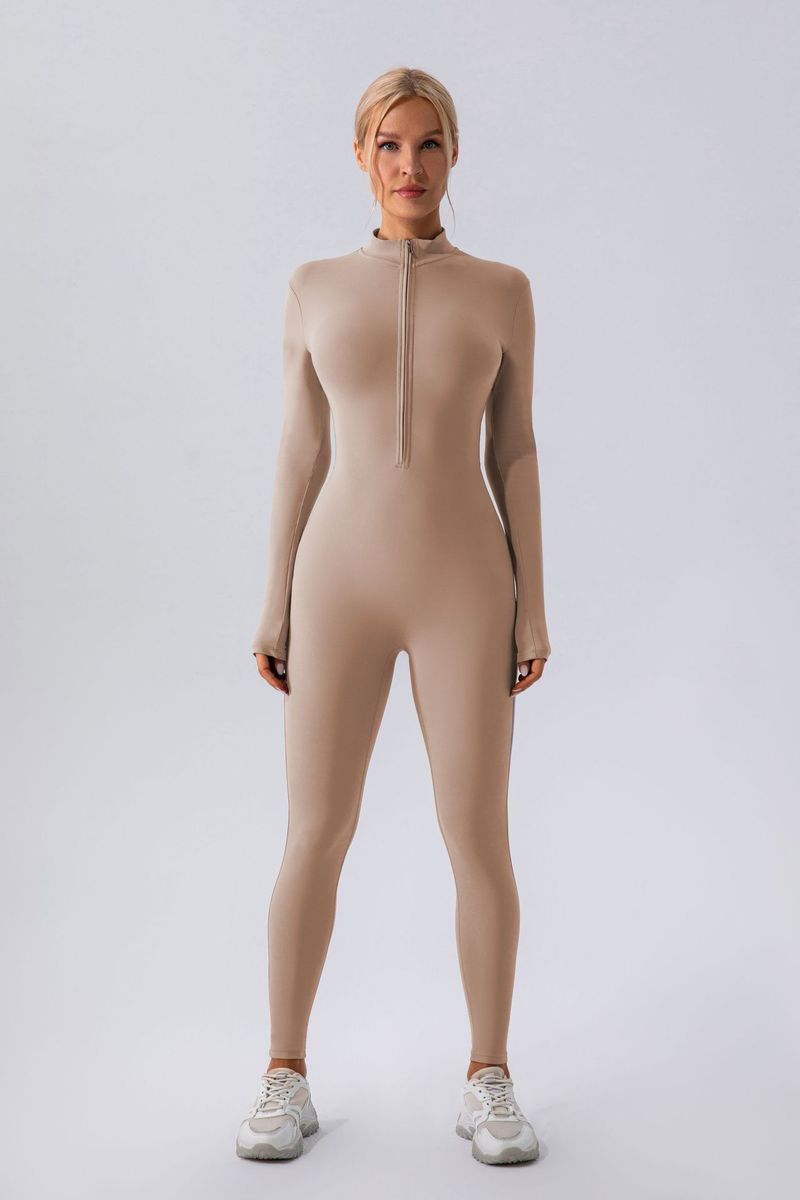 LazyZoom Zipper Bare Sensation Long Sleeve Yoga Jumpsuit For Women Sports Fitness Training Dance One-Piece Tight-Fitting Outfit_voghion.com