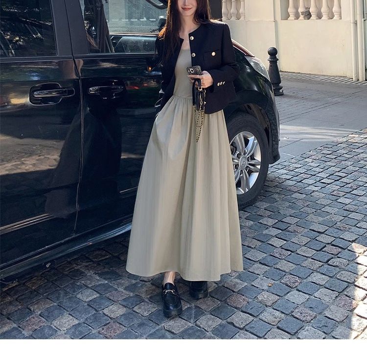 Quadratischer Ausschnitt im französischen Stil für Damen, Frühling und Herbst, neues elegantes, taillenbetontes, schlankmachendes Ärmelkleid in Schwarz mit A-Linie_voghion.com