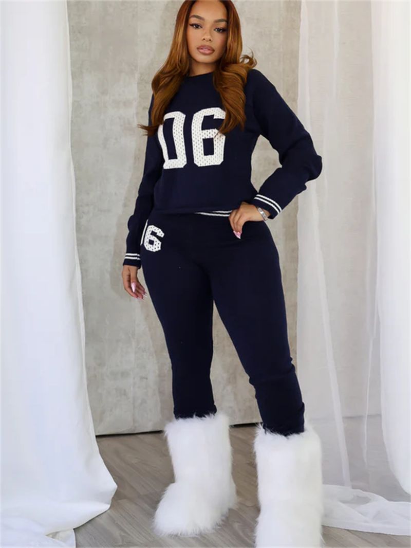 Damenbekleidung Mode All Match Printing Sportlicher Stil Kontrastfarbe Lässige Langarmoberteile und Hosenanzüge_voghion.com