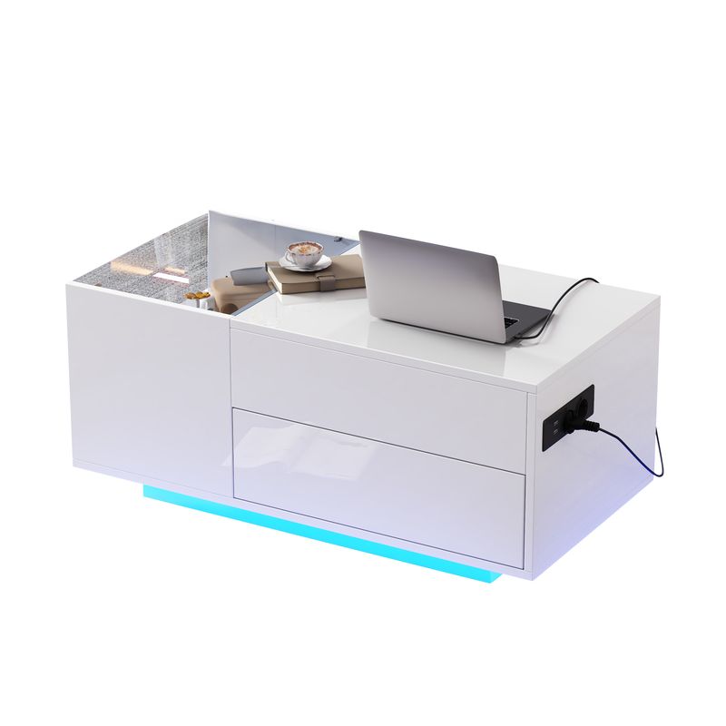 Table basse réglable en hauteur 95 x 48 x 42 cm avec rangement dissimulé, éclairage LED, tiroir et prise – Table d'appoint de salon blanche_voghion.com
