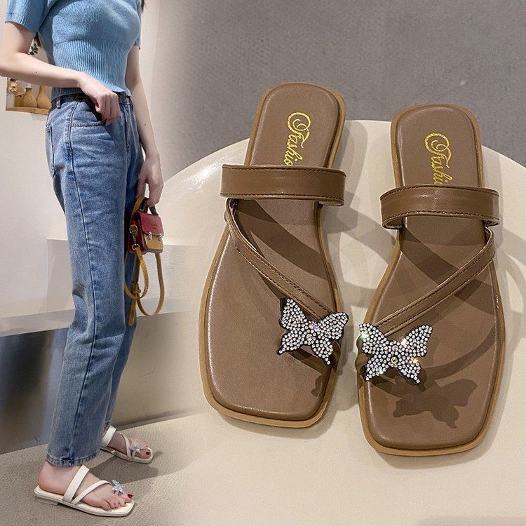 Sandales à nœud en diamant pour femmes, nouvelles chaussures de plage plates à bout ouvert style féerique pour l'été 2025_voghion.com