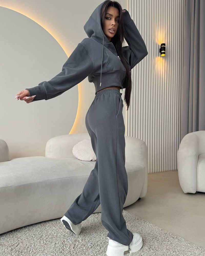 Casual set van dameshoodie met rits en trekkoordbroek – streetwear-tweedelige outfit in groen, roze, grijs, beige en rood_voghion.com
