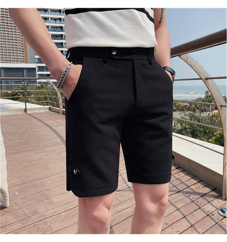 Summer new Internet celebrity trend waffle fabric casual shorts British temperament men's slim-fitting five-point pants_voghion.com