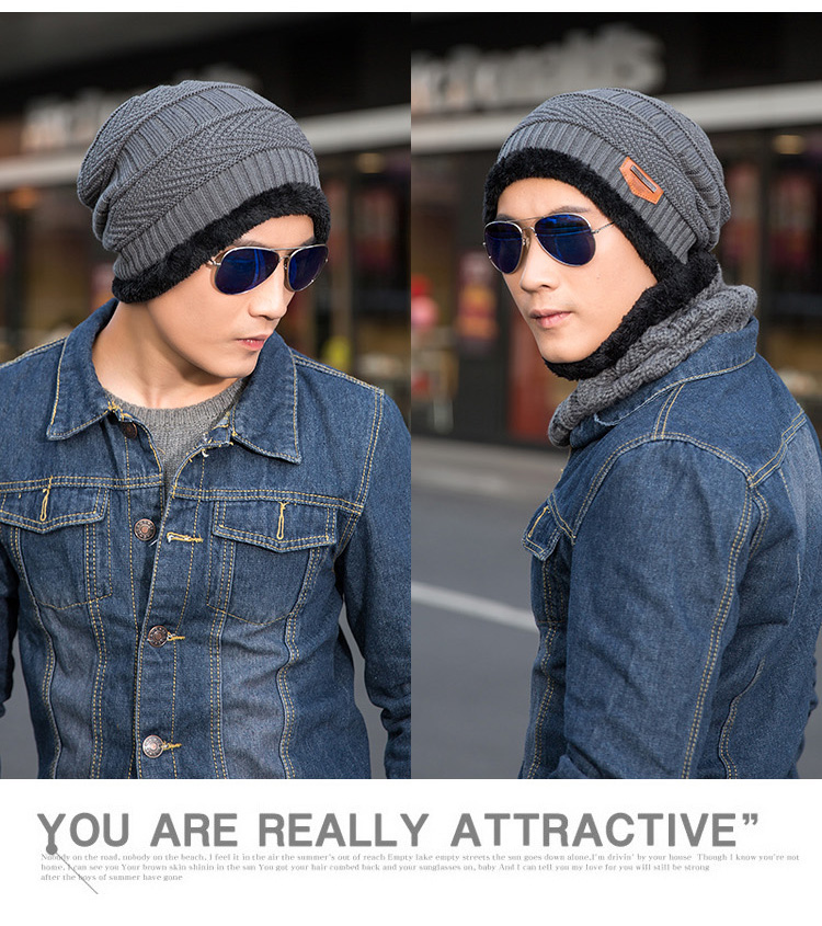 Cappello invernale da uomo alla moda per l'autunno e l'inverno, cappello lavorato a maglia da uomo, più cappello pullover e sciarpa in velluto di lana ispessita_voghion.com