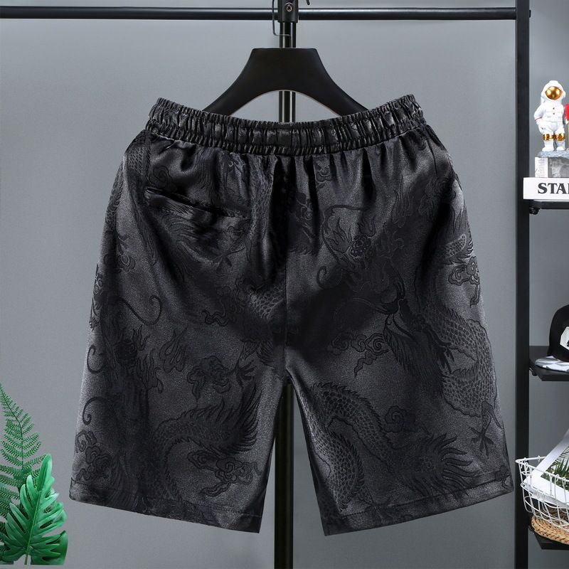 Chinese Style Tang Style Ice Silk Shorts For Men's Oversized Casual Dragon Patterned Cropped Pants, Summer Trend Home Pants_voghion.com