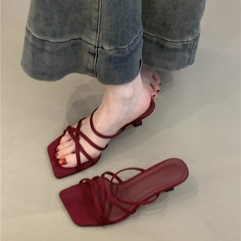 French Style Niche High Heel 2025 Summer Red Thin Strap Roman Fashion Open Toe Stiletto Sandals_voghion.com