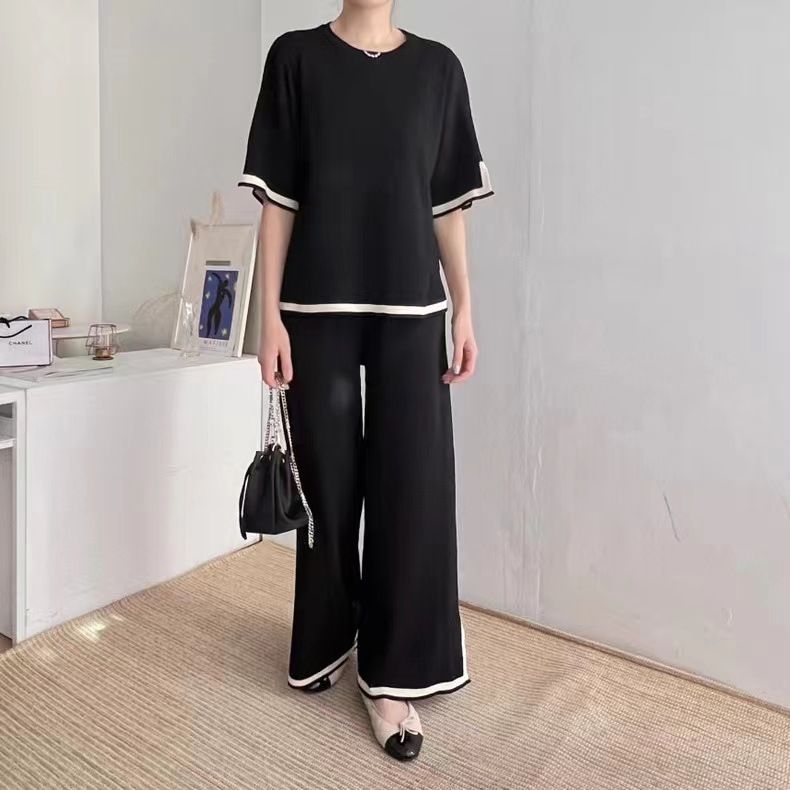 Women's Clothing Retro lazy style contrast color knitted suit_voghion.com