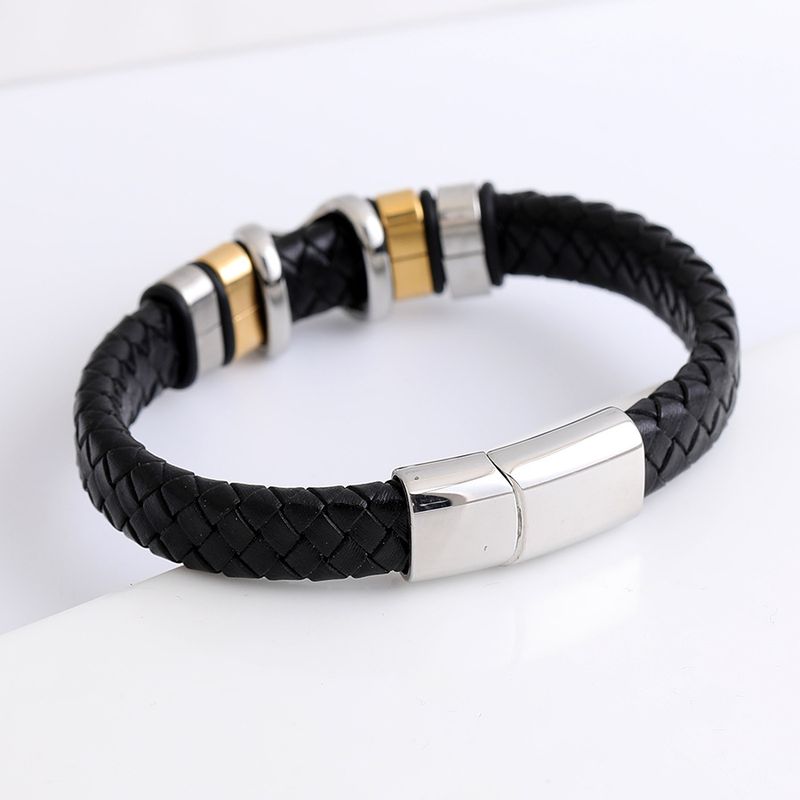 Stainless Braided Rock Style Men's Titanium Steel Bracelet X Leather Wristband_voghion.com