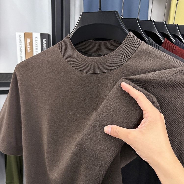 Kurzärmliges T-Shirt aus Maulbeerseide aus Wolle für Herren mit halbem Rollkragen, dünner blauer Strickpullover mit halben Ärmeln für Herren_voghion.com