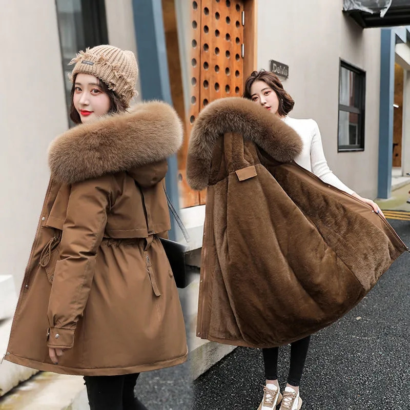 2022 ny vinterjacka kvinnor parkas mode lång kappa ullfoder huva parkas smal med pälskrage varm snöslitage vadderad_voghion.com