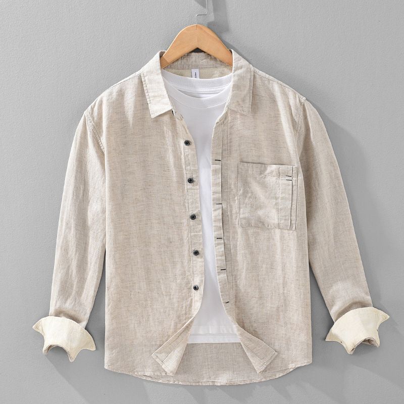 New Casual Solid Color Long Sleeved Shirt For Men, Simple And Artistic Loose Linen Shirt Jacket_voghion.com