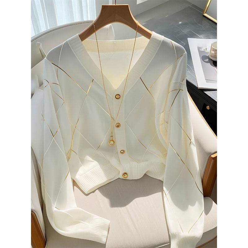 Abbigliamento da donna Cardigan lavorato a maglia bianco Inizio autunno Top a quadri a rombi Giacca a maniche lunghe_voghion.com