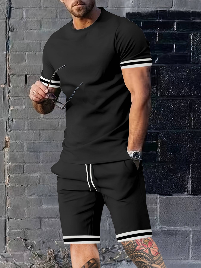 Ensemble deux pièces pour homme, t-shirt à manches courtes et col rond, style sportif et décontracté_voghion.com