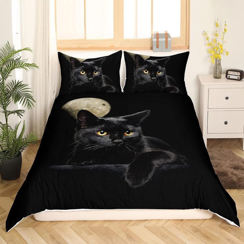 Set de huse de pilotă decorative cu imprimeu animal print, model drăguț de pisică neagră, 3 piese, dimensiune super king, pisici de fermă, husă de pilotă și 2 fețe de pernă_voghion.com