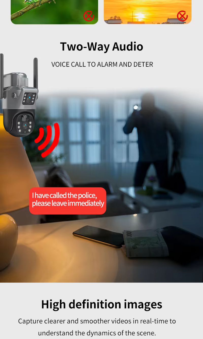 Telecamera di sicurezza a energia solare con doppio obiettivo, visione remota wireless e basso consumo energetico_voghion.com