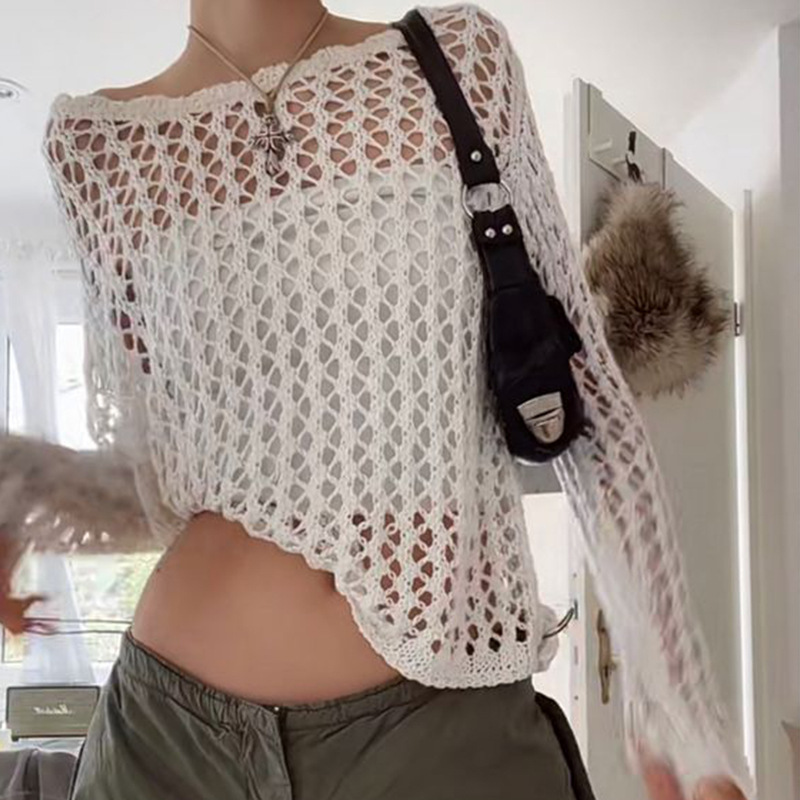 Casual Weiß Pullover Pullover Aushöhlen Fishnet Sommer Mode Lose Smock Langarm Y2k Löcher Hemd Frauen Harajuku_voghion.com
