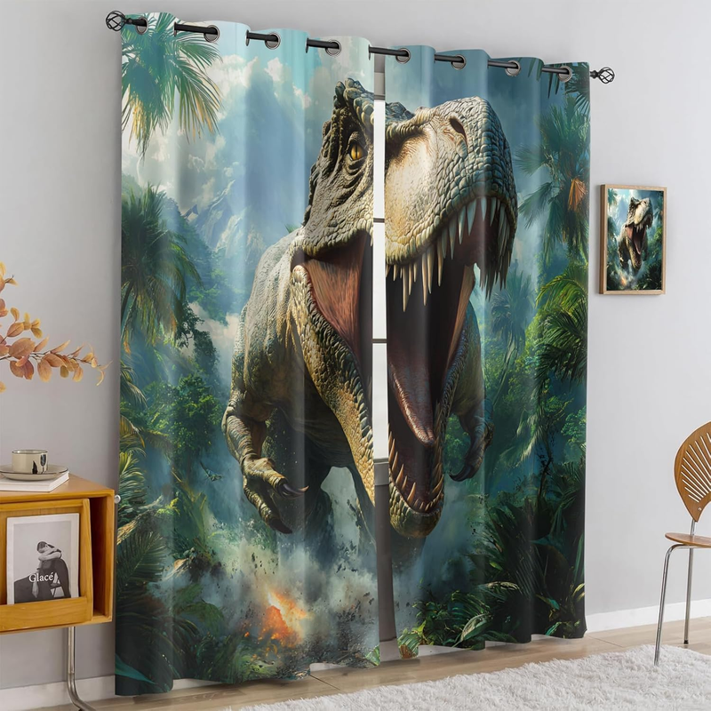 Primeval Forest 3D Dinosaur Blackout Curtains, Jurassic Tyrannosaurus Rex Patterned Curtains, Thermal Insulated Blackout Curtains For Bedroom_voghion.com