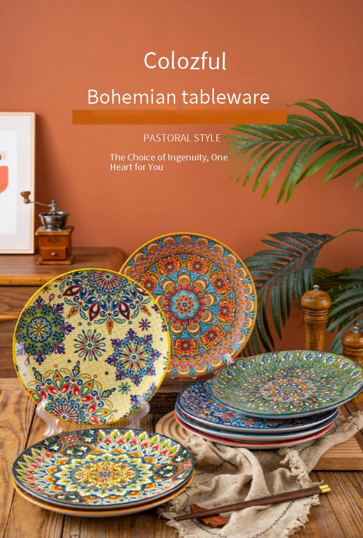 Zestaw talerzy ceramicznych Bohemian Dinner - duże talerze do steków i makaronów do posiłków w stylu restauracyjnym_voghion.com