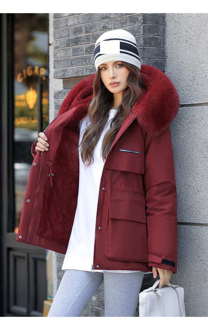 Women's Parka Coat With Detachable Rabbit Fur Hood, Waist-Belted Winter Jacket, Thickened Polyester Shell & Down Cotton Filling For Casual & Office_voghion.com