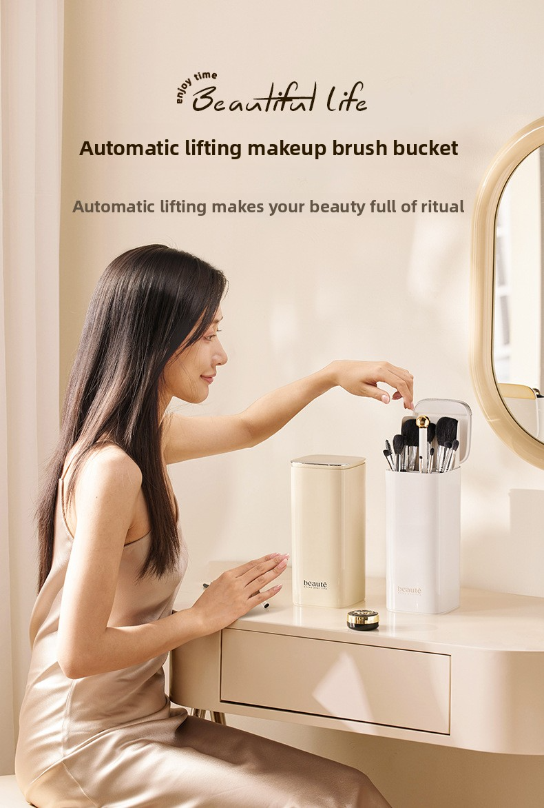 Auto-Rising Makeup Brush Holder – Touch-Control Cosmetic Organizer With Dust-Proof Lid & 12 Slots (Modern Vanity Storage, White/Black/Cream)_voghion.com