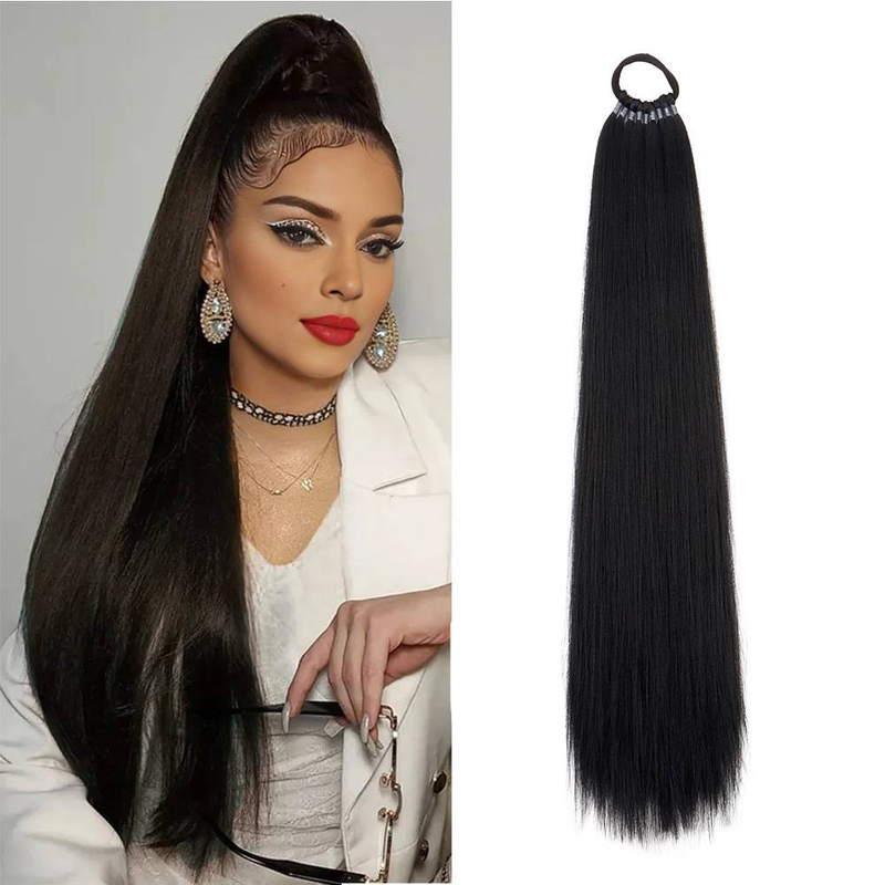 Ponytail Extensions, Versatile Elastic Band Black Ponytail Extension For Women, 20" Long Straight Soft Natural Synthetic Pony Tails_voghion.com