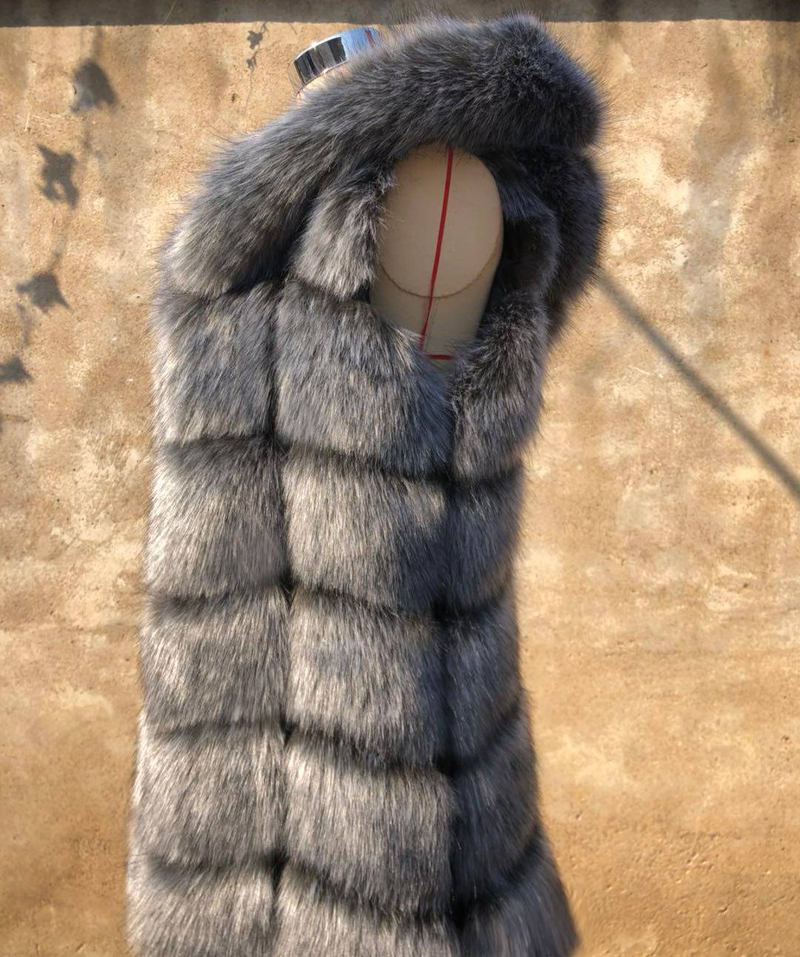 Gilet con cappuccio in pelliccia sintetica da donna, lungo cappotto in volpe argentata, giacca casual chic invernale_voghion.com