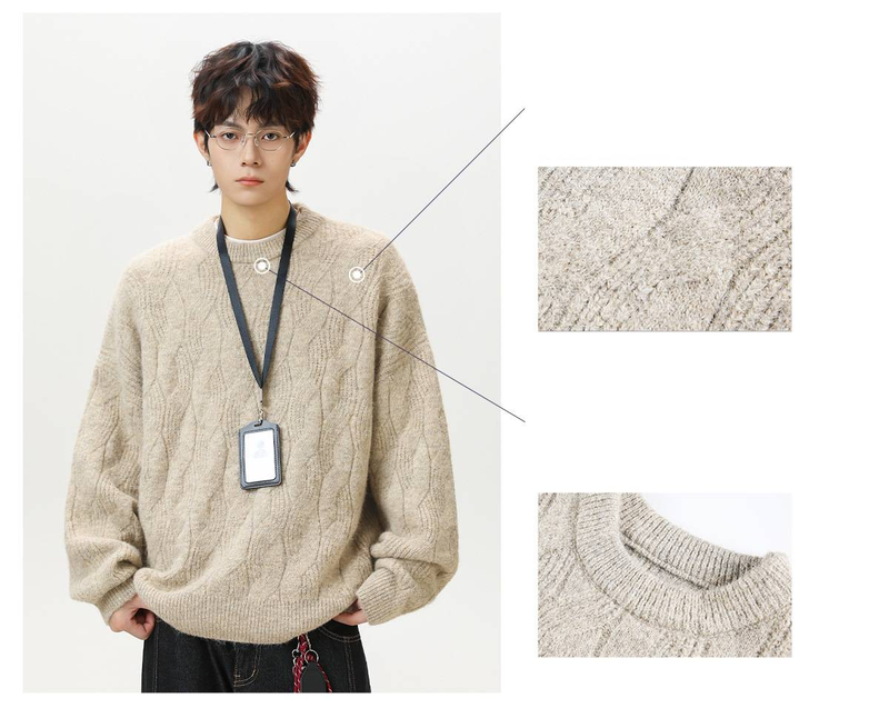 Herrenbekleidung Schwerer, verdickter Mohair-Pullover mit Rundhalsausschnitt, einfarbig, Herren-Strickjacke mit Zopfmuster, Retro-Lockere Jacke_voghion.com