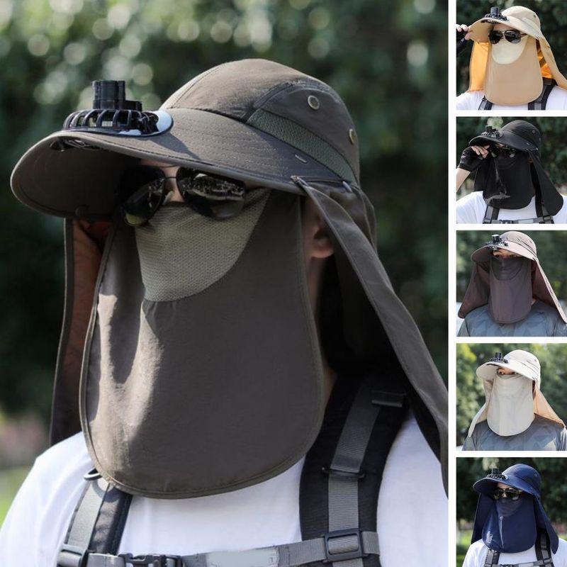 Cappello da pescatore alla moda da uomo, con cappuccio e ventola di raffreddamento, protezione completa, parasole, campeggio, anti-UV, traspirante, a tesa larga, per esterni_voghion.com