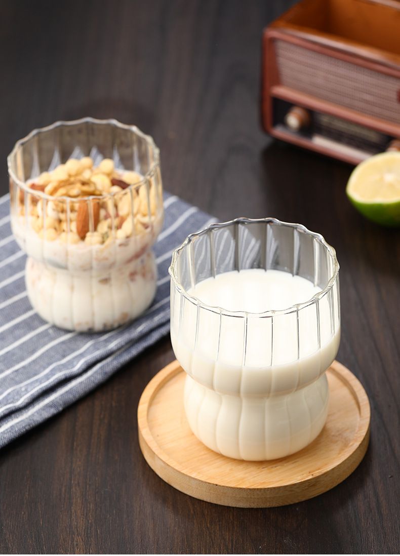 Chubby Striped Borosilicate Glass Tumbler - 400ml Thick-Walled Mug For Coffee, Milk, Oatmeal & Yogurt_voghion.com