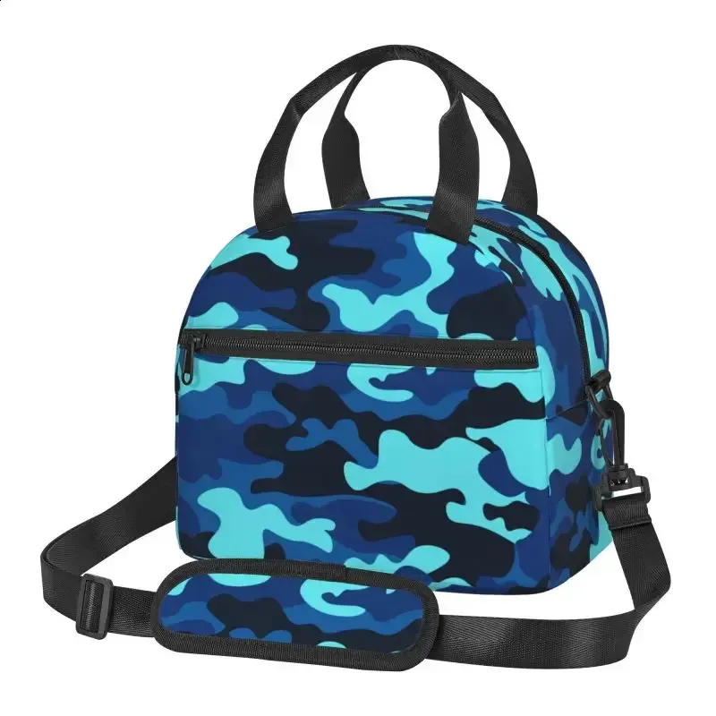 Sac à déjeuner isotherme réutilisable à motif camouflage bleu, résistant à la chaleur, sac à main pour le travail, l'école, les voyages, les pique-niques_voghion.com