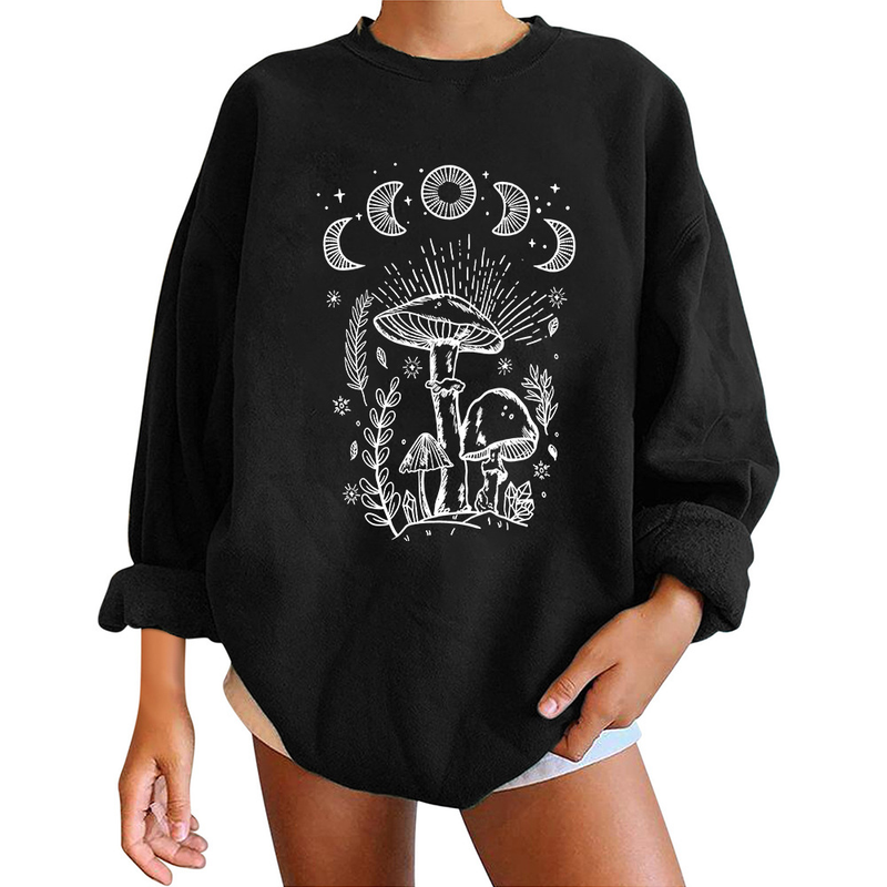 Women's off-the-shoulder long-sleeved sweatshirt mysterious printed fleece top_voghion.com