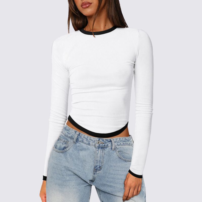 Blusa feminina primavera verão 2025, manga comprida, gola redonda, slim fit, bloco de cores_voghion.com