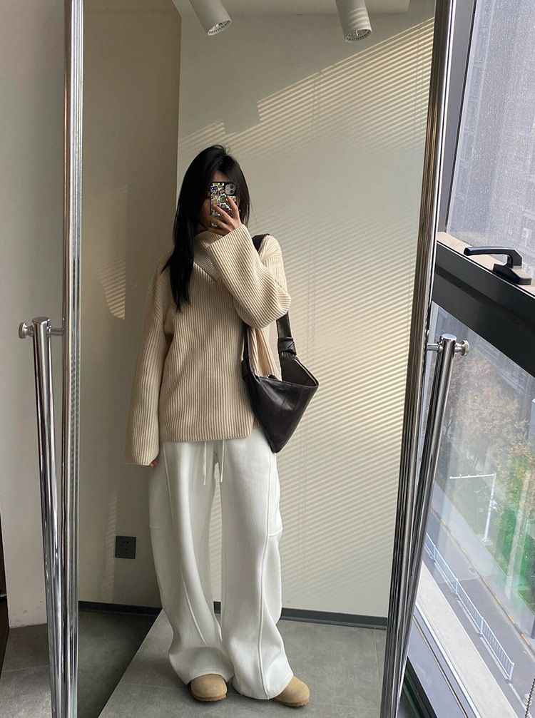 Pantaloni da jogging da donna con coulisse, foderati in pile e vita alta, vestibilità ampia, casual, in misto cotone (bianco, nero) Taglie S/M/L_voghion.com