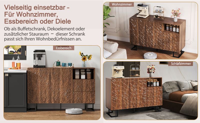 Beistellschrank 120x78,5cm Walnussoptik Mit Blattrelief, 2 Türen & 2 Schubladen_voghion.com