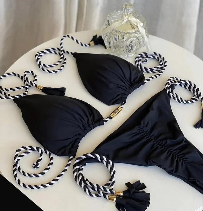 Swimwear Patchwork Thong Bikini Set Swimsuits Sexy Bikinis Triangle Bandage Female Clothing Beachwear Beach Vacation_voghion.com