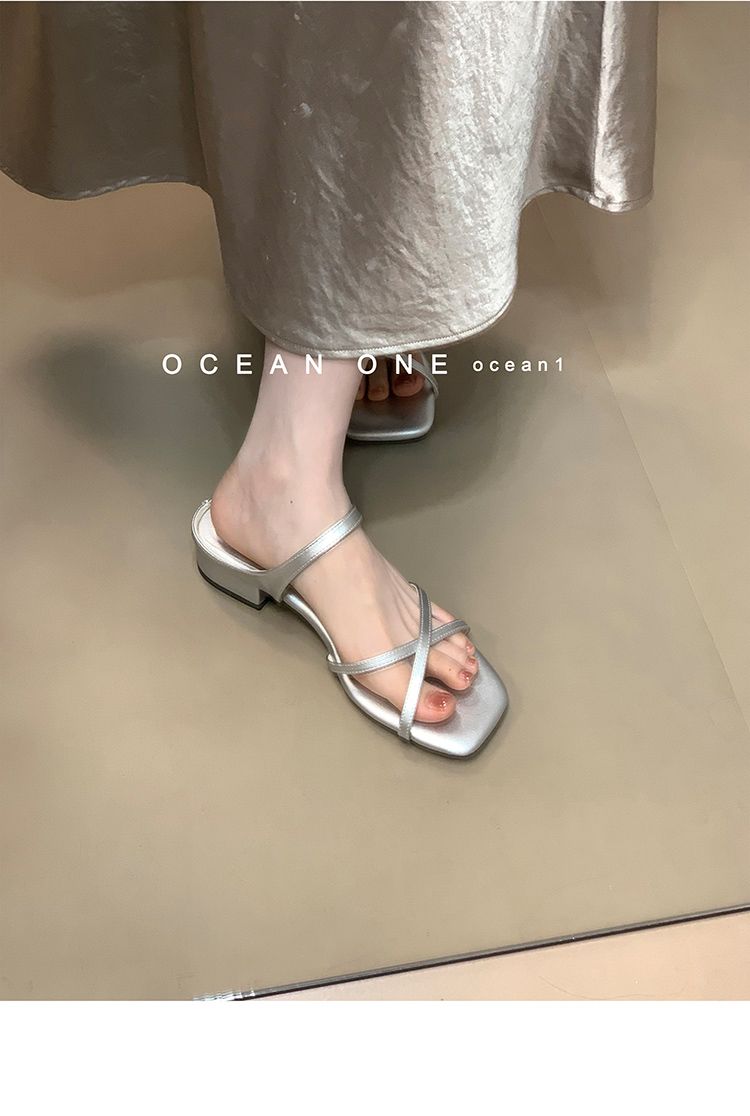 Sandali aperti con cinturino incrociato delicato in stile francese Lancui da donna, estivi, eleganti, con punta quadrata, alla moda, con un solo cinturino._voghion.com