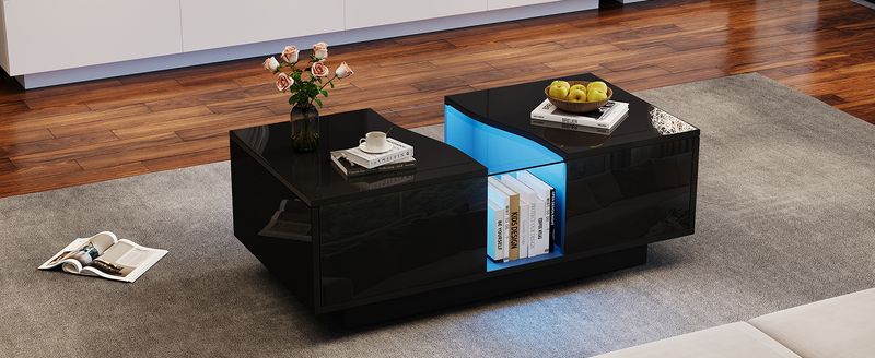 Table basse moderne à LED avec 2 tiroirs, 100 x 50 x 35 cm, plateau en acrylique noir brillant avec éclairage LED, table d'appoint en MDF pour salon et chambre._voghion.com