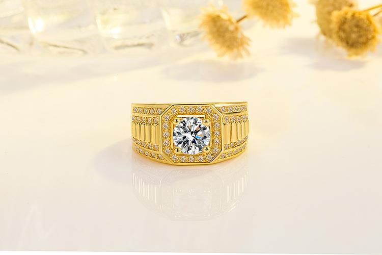 Vergulde, dominante, volle diamanten ring, zakelijke herenring, kleurbehoudende verlovingsring met dubbele rij diamanten_voghion.com