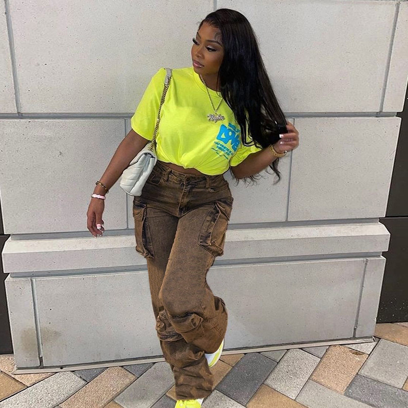 K23PT003 Pantaloni casual in denim da tasca a vita alta con bottoni casual a tinta unita estivi da donna_voghion.com