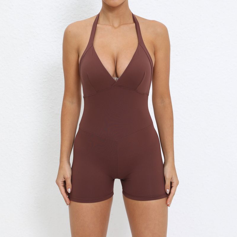 Vêtements pour femmes, couleur unie, poches, col licou, combinaison serrée, sport, fitness, course à pied, combinaison à trois points, short _voghion.com