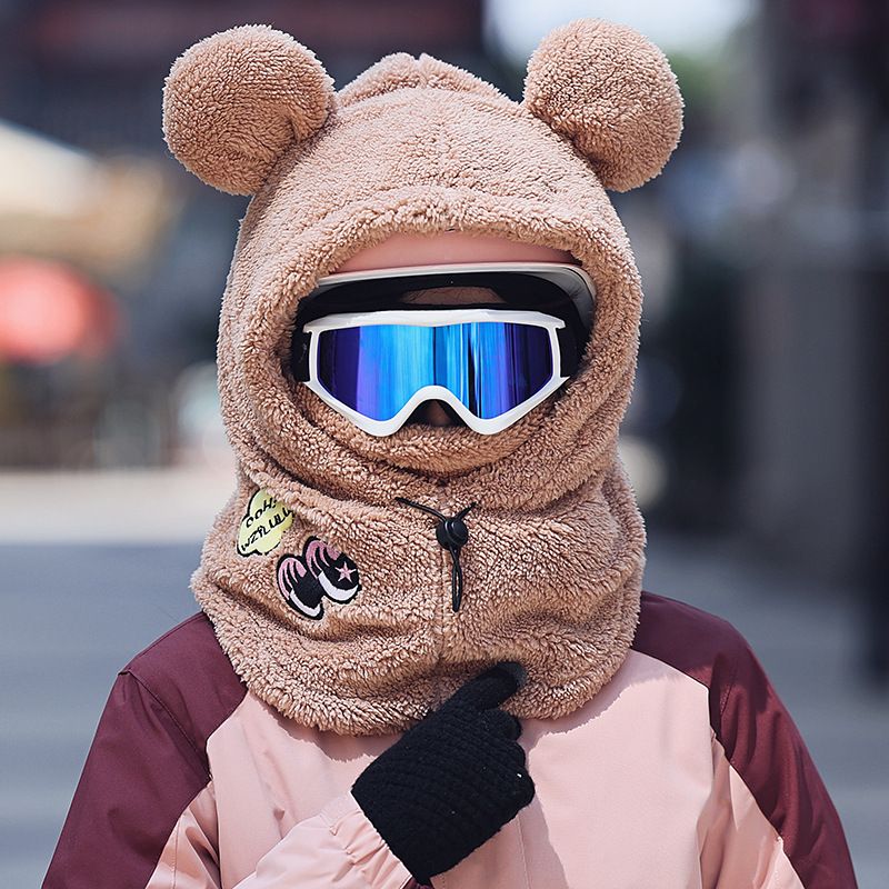 LazyZoom Cute Bear Mask Integrated Ear Protection Autumn Winter Cycling Warm Pullover Large Capacity Ski Helmet Plush Hat_voghion.com