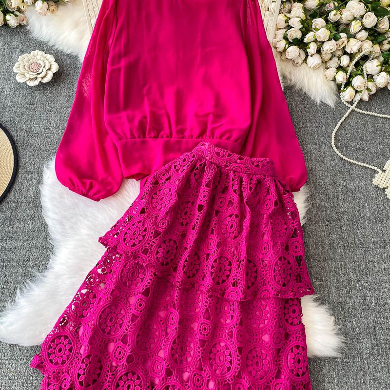 Zachte blauwe getailleerde top met pofmouwen + hoge taille slanke kanten cakerok, tweedelige set_voghion.com