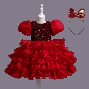 Robe de spectacle perlée pour enfants européens et américains, robe bouffante multicouche pour fille, robe de Noël pour enfants_voghion.com
