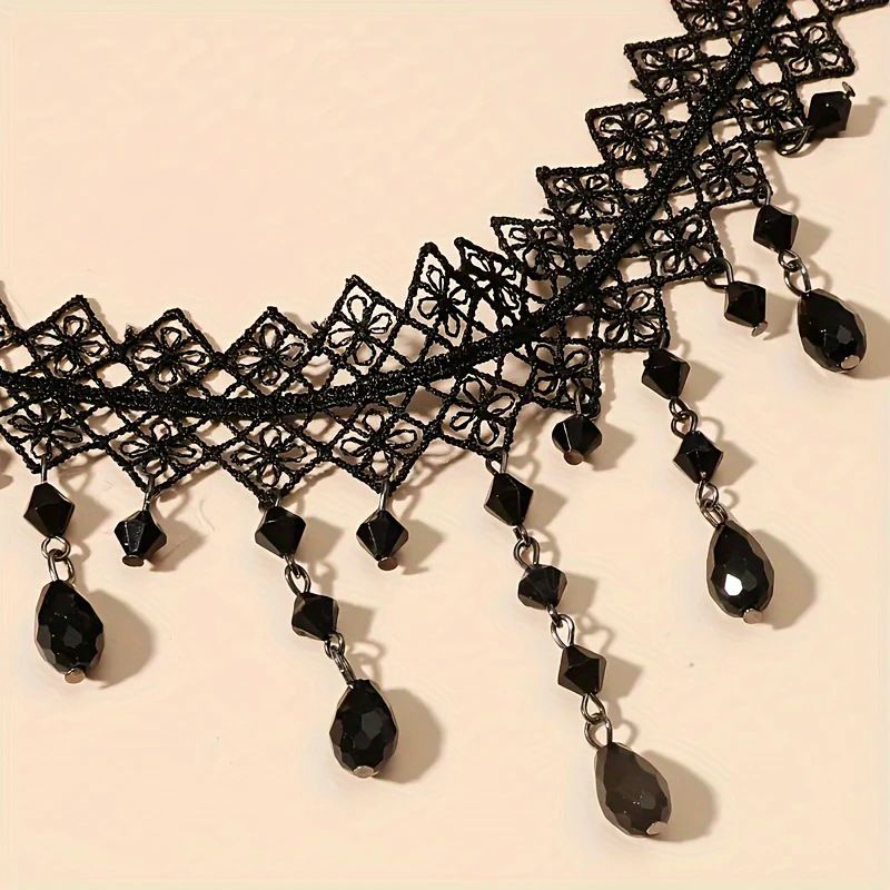 Collana girocollo con cristalli neri audaci da donna - Collana con catena in pizzo unica_voghion.com