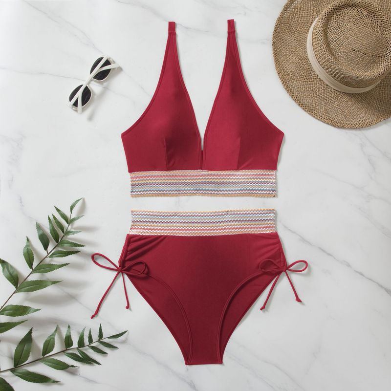 Women's Bikini High-waisted Split Color Matching Set Tether Pull Up Swimsuit_voghion.com
